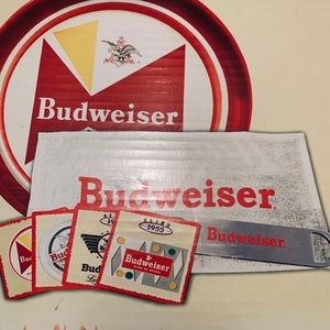 Budweiser Metal Tray 12 Coasters Bar Towel Long Neck Opener Retro Bar Gift Set